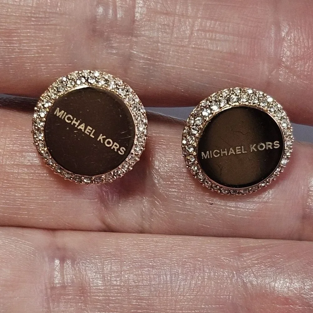 Michael Kors Rose Gold Round Earrings With Clear Crystal Stone Accents